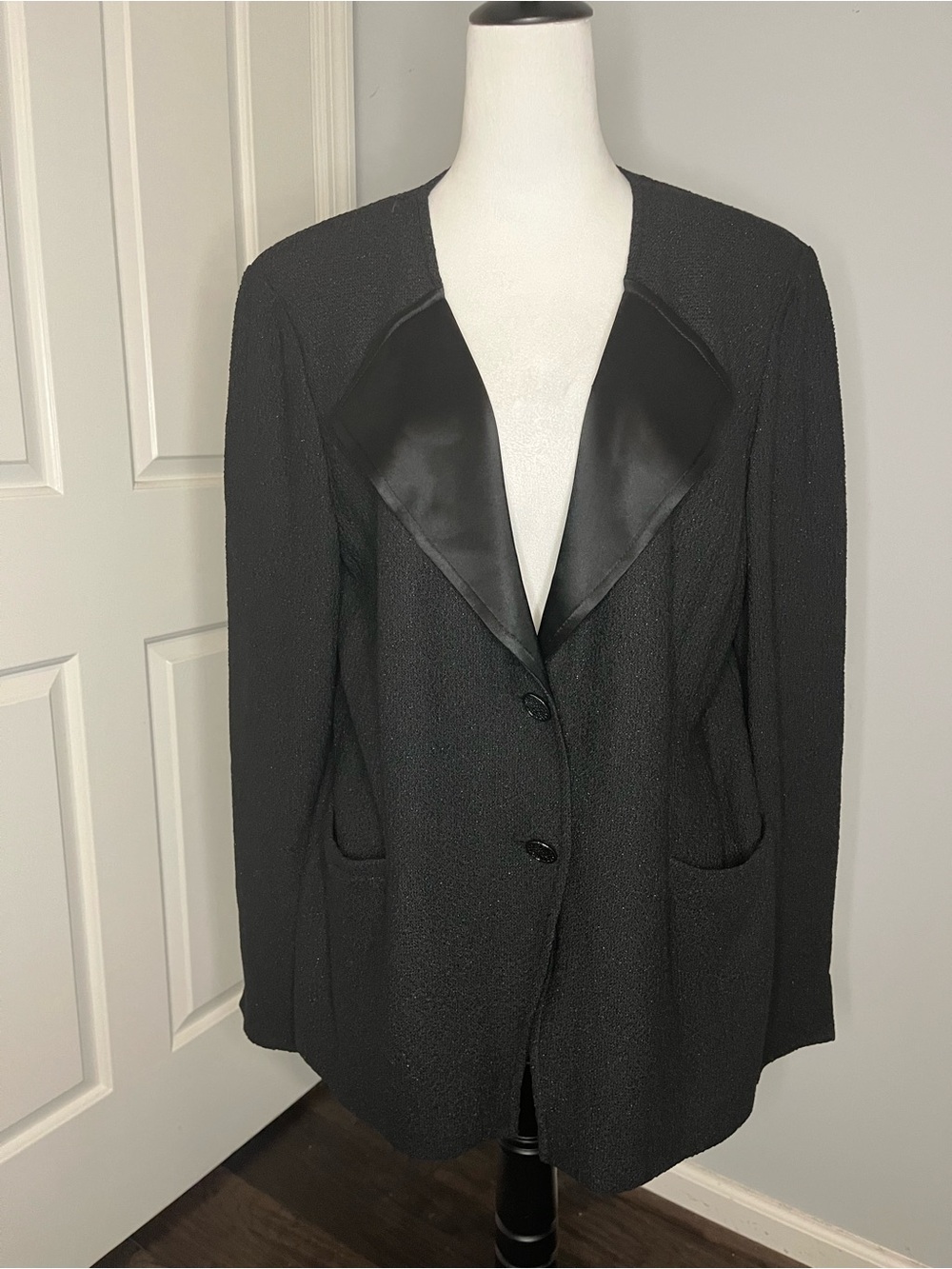St. John Textured Blazer with Satin Lapel and Embellished Buttons